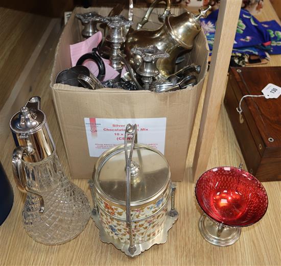 A Wedgwood and plated biscuit barrel, cranberry plated bon-bon dish and mixed silver plate